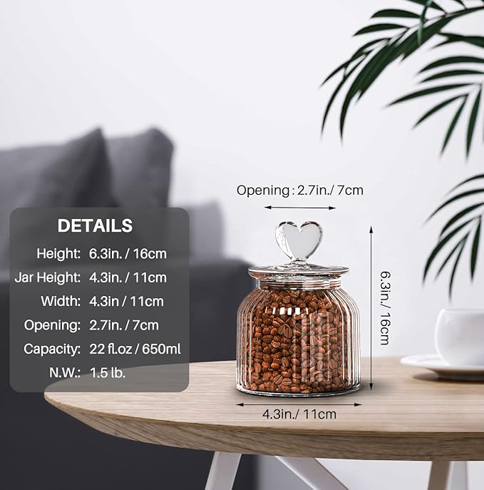 22 oz Clear Glass Canister with Cute Heart shaped Lids Set, Food Storage Glass Jars with Airtight Lids for Kitchen and Dining Room, Stripe/Set of 2