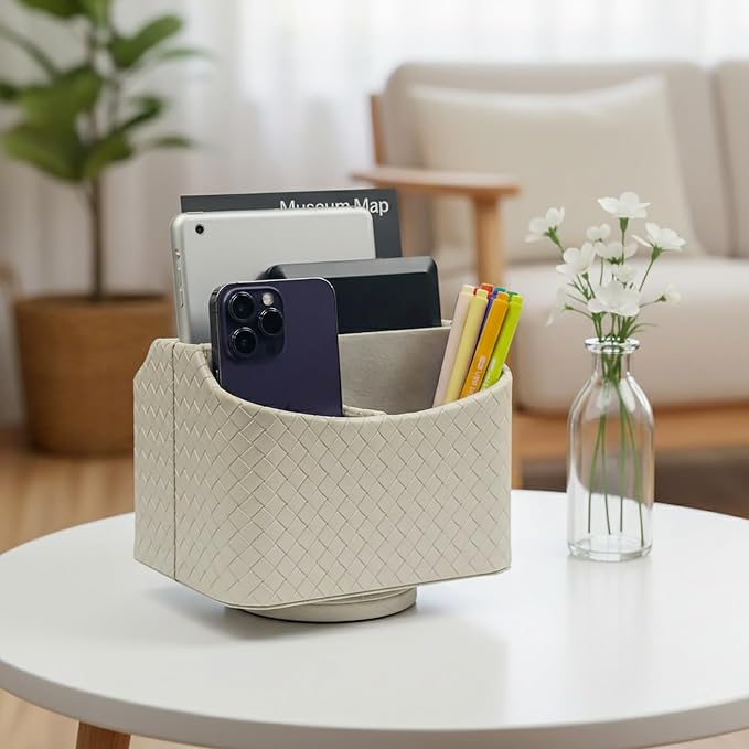 UnionBasic Rotating Desk Organizer, 360 Desk Spinning Caddy, Desktop TV Guide/Mail/Media/Remote Controller Holder Organizer, Woven Beige