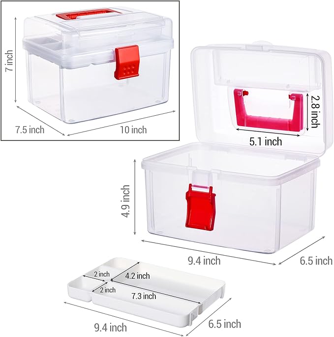 MyGift 10 Inch Premium Clear First Aid Bin with Detachable Tray and Quick Access Top Lid Flap, Portable Emergency Kit, Medical Supply Travel Tote, Medicine Storage Box Container (Red)