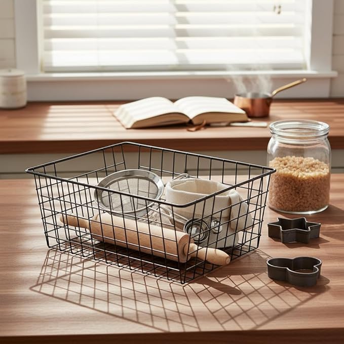 Kitchen Metal Wire Baskets Farmhouse Decor Metal Food Storage Organizer,Household Refrigerator Bin with Built-in Handles for Cabinets,Pantry,Bathroom,Black