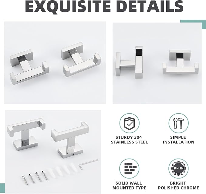 APLusee Double Robe Towel Hook Polished Chrome 2 Pack, 304 Stainless Steel Square Towel Hanger, Minimalist Coat Holder for Modern Bathroom Washroom