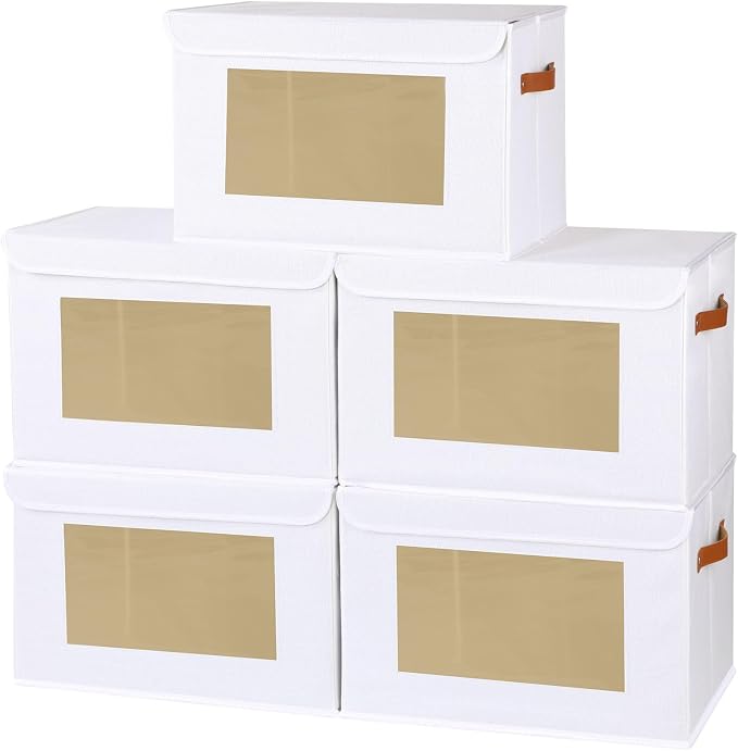 Storage Box for Shelves,White Basket,17.7x11.8x11.8 In,5Pack | Sturdy Storage Baskets with Lids,Shelf Boxes with Handles and Window,Fabric Closet Containers,Decorative Drawer Bins for room