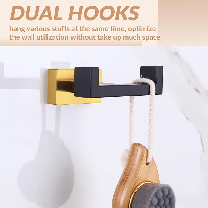 APLusee Double Bath Towel Hook 2 Pack, Solid Stainless Steel Square Dual Coat Holder, Modern Bathroom Kitchen Storage Hanger Wall Mounted, Black & Gold