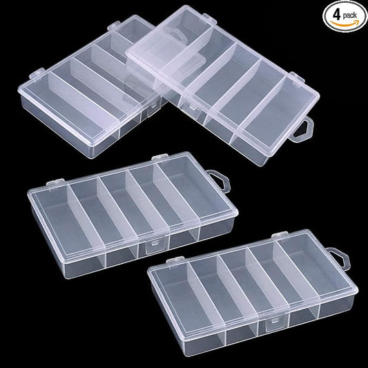 4 Pack 5 Grid Clear Plastic Fishing Tackle Bait Hooks Storage Box,Visible Bead Jewelry Making Findings Utility Organizer Container Case for Jewelry,DIY Crafts(7.1" x 4.3" x 1.2")