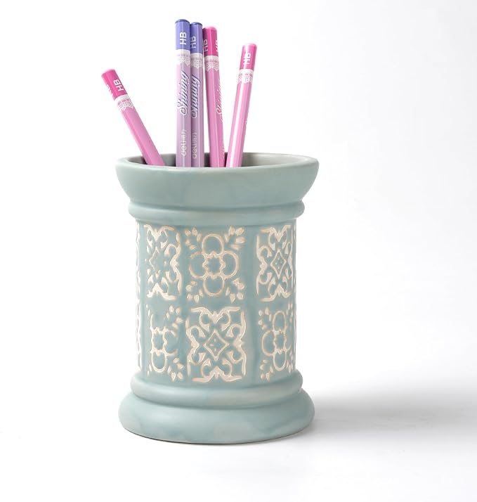 Printed Pencil Holder, Cute Pen Holder for Desk, Ceramic Carved Cylinder Pencil Holder, Office Decoration Container Islamic Style(Blue)