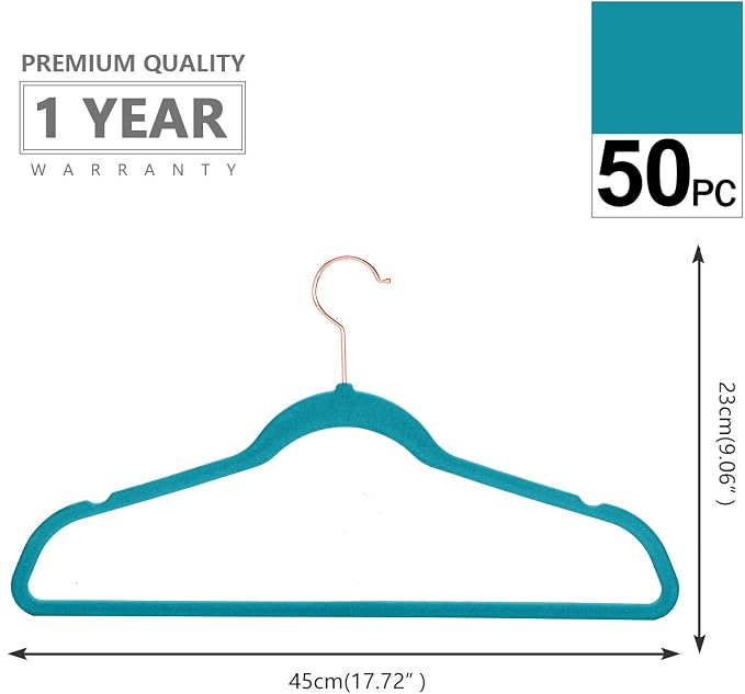 MIZGI Premium Velvet Hangers (50 Pack) Heavy Duty - Non Slip Felt Suit Hangers Teal/Turquoise - Rose Gold Hooks, Space Saving Clothes Hangers