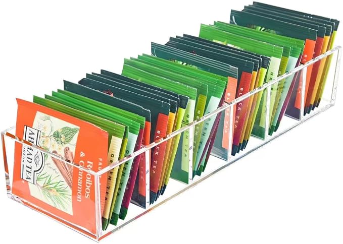 Tea Bag Organizer, Clear Tea Bag Holder with 6 Slot, Tea Packet Storage for Countertop, Drawer, Kitchen, Pantry, Cabinet