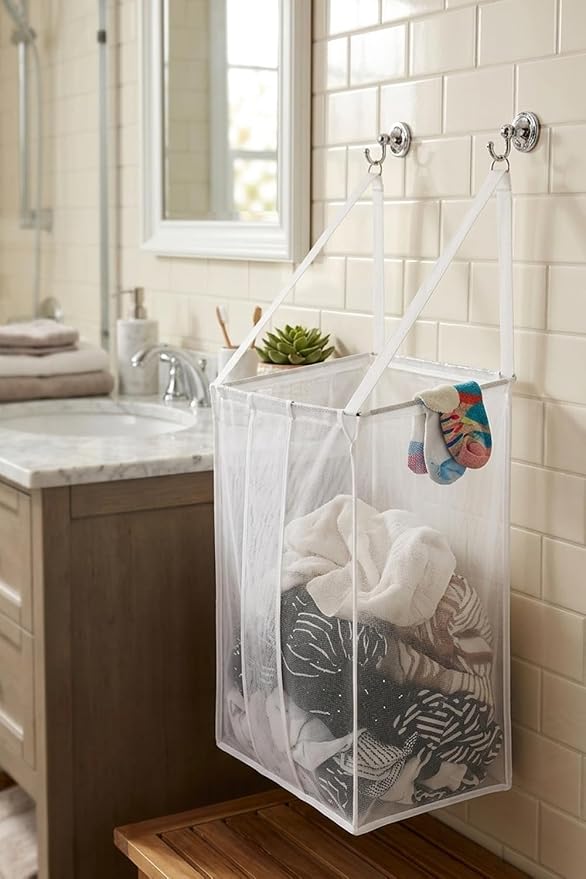 ALYER Wall Hanging Mesh Laundry Hamper,Over the Door Large Storage Bag with Big Metal Support Opening,Hardware Included (White)