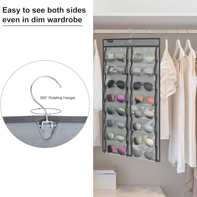 Dual Sided Hanging Sunglasses Organizer Wall Eyeglass Holder Sunglass Rack for Home with 32 Dust Proof Pockets (32 Pockets-Grey)