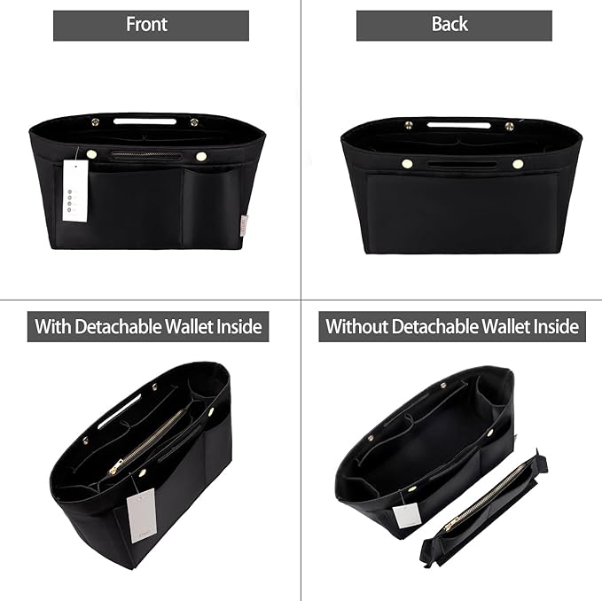 ZTUJO Purse Organizer Insert For Handbags, Silky Bag Organizer With 2 Zippers For Speedy Neverful Tote and More (Black, Small)