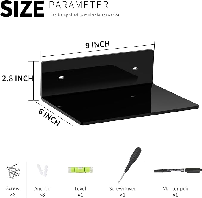 9 Inch Black Wall Shelves 4 Pack, Acrylic Wall Mounting Ledges Display, Acrylic Display Wall Shelf for Funko Pop Figures, Collectibles, Plants, Décor, Toiletries, Spices Jars, 4 Pack
