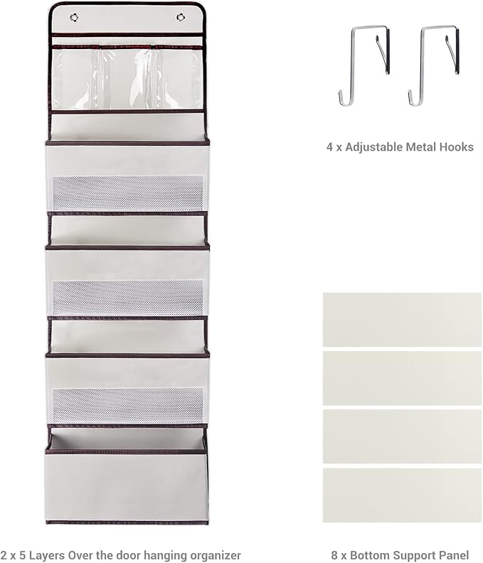 NesTidy 2 Pack Over The Door Organizer Storage, Wall Mount Hanging Organizer with 4 Large Capacity Pocket Organizers and 3 Small Pockets for Baby Essentials, Toys, Cosmetics, and Sundries (Beige)