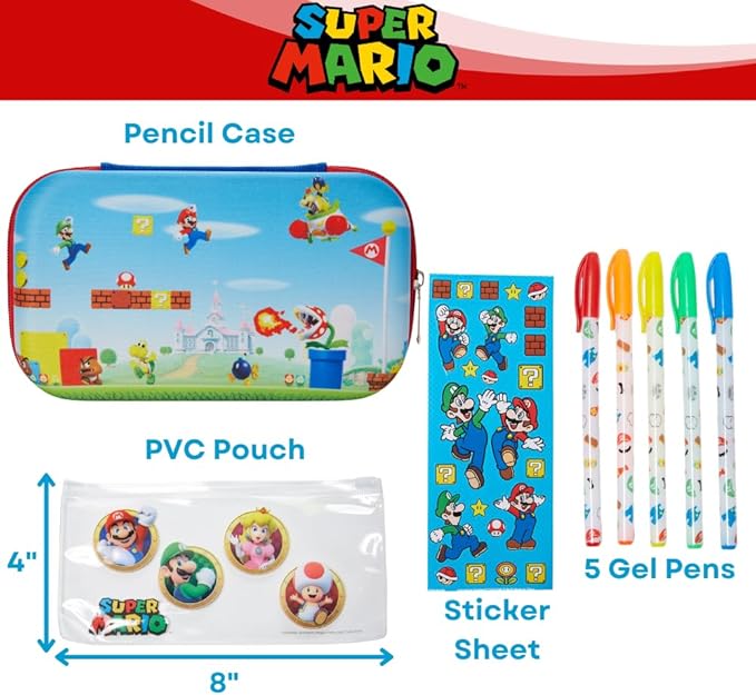 Innovative Designs Super Mario Pencil Case Set with Stickers and Gel Pens for Kids, Molded with Zip Closure