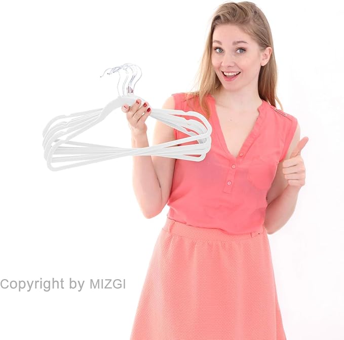 MIZGI Premium Velvet Hangers (60 Pack) Heavy Duty - Non Slip Felt Suit White Chrome Hooks,Space Saving Clothes White/Silver