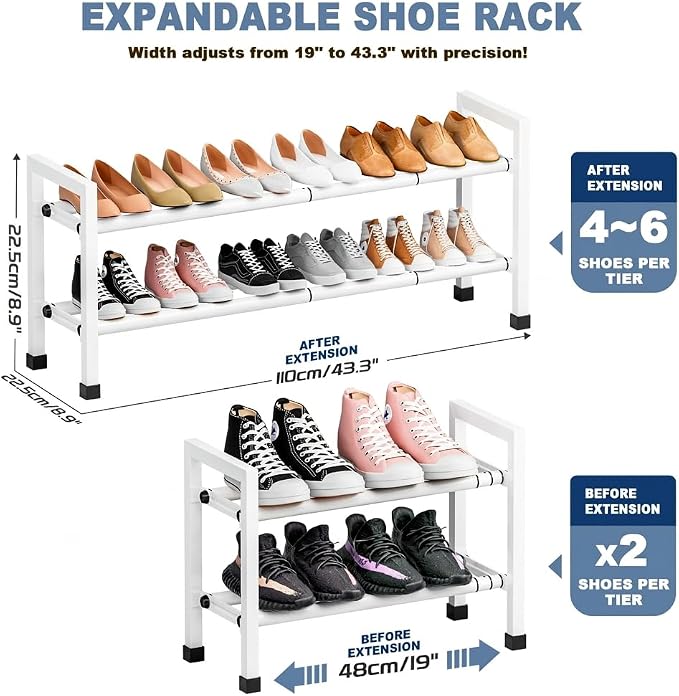 Mavivegue Expandable Shoe Rack, 2-Tier 19"-43.3" Adjustable Shoe Rack for Closet,Hall Entryway,Front Door,Garage, Sturdy Steel Space-Saving Rack, White