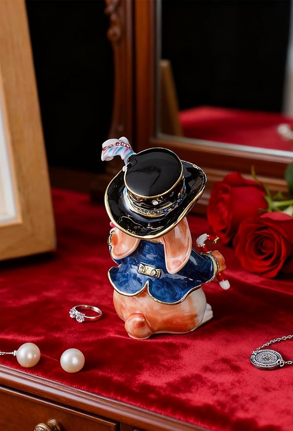 Hand Painted Trinket Box Enamel Vintage Jewelry Box Mr. Rabbit Hinged Metal Jewelry Organizer Decorative Treasure Box Unique Valentine's Day