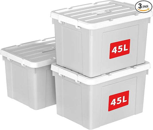 Cetomo Lidded Storage Bin with Handle, Tote Organizing Container with Durable Lid and Secure Latching Buckles, Stackable and Nestable, Plastic, 50 Quart-3 Pack, Gray