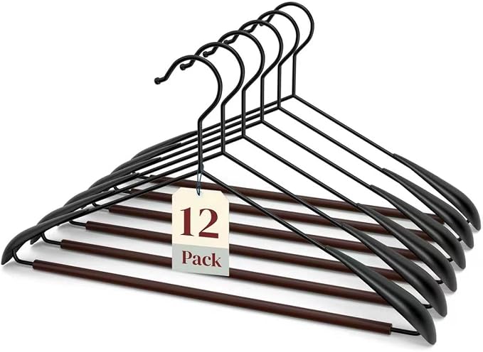 Metal Hangers 12 Pack Suit Hangers,Sweater Hangers No Shoulder Bump,Wide Shoulder Hangers with Wood Pant Bar,Suit Hangers for Men,for Sweaters, Suits, Dresses, Jackets, Pants