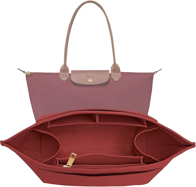 LOUKAYCCI Purse Organizer Insert for Longchamp Le Pliage L Handbag Insert Felt Long Champ Tote Bag Organizer Insert with Cup (BurGundy, Large)