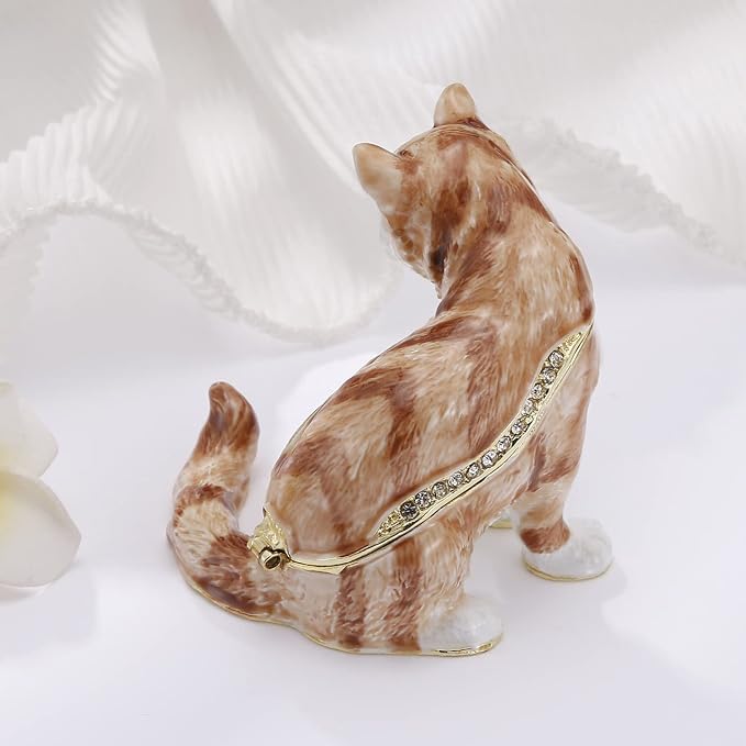 Hand Painted Animal Trinket Box for Home Decor, Hinged Jewelry Organizer Storage, Unique Personalized Collectible Keepsake Figurine Handmade Decorative Ornament Gifts (Cat)