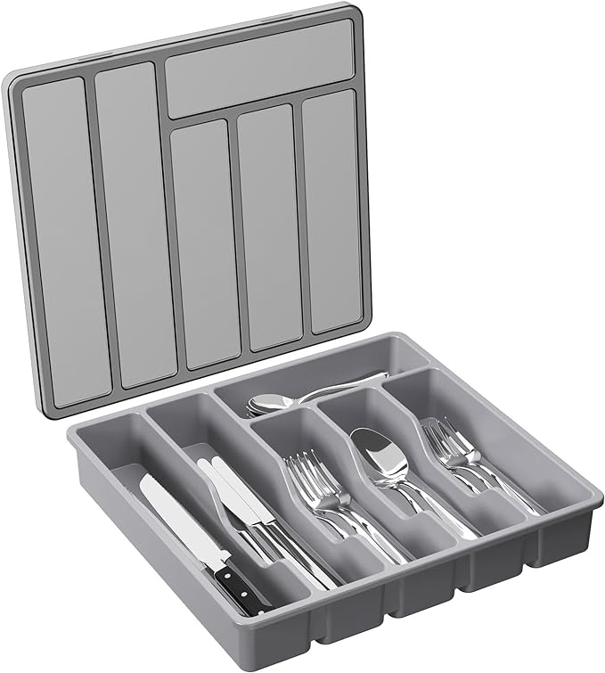 Lifewit Silverware Organizer with Lid, Covered Utensil Tray for Kitchen Drawer and Countertop, Plastic Cutlery and Flatware Storage Box for Spoons Forks Knives Holder Case, 12.6x11.8", Gray