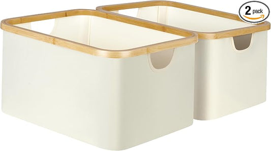 efluky Storage Baskets for Organizing, Fabric Storage Bins with Bamboo Handles, Collapsible Storage Baskets for Shelves and Closet, Beige Set of 2