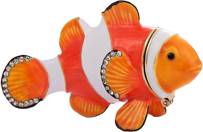 Hand Painted Animal Trinket Box for Home Decor, Hinged Jewelry Organizer Storage, Unique Personalized Collectible Keepsake Figurine Handmade Decorative Ornament Gifts (Clownfish)