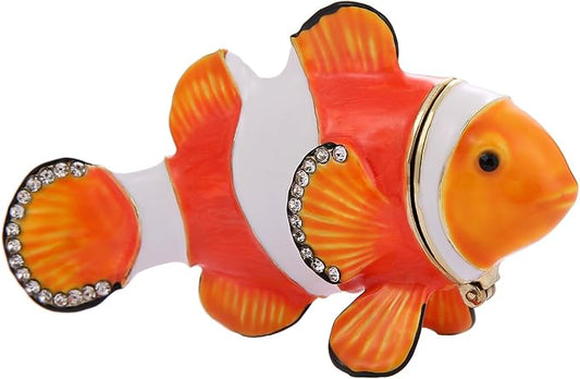 Hand Painted Animal Trinket Box for Home Decor, Hinged Jewelry Organizer Storage, Unique Personalized Collectible Keepsake Figurine Handmade Decorative Ornament Gifts (Clownfish)