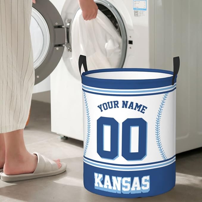 Custom Kansas Laundry Hamper Personalized Laundry Basket Customized Name And Number Collapsible Storage Basket for Bedroom Bathroom Living Room Baseball Fan Gifts