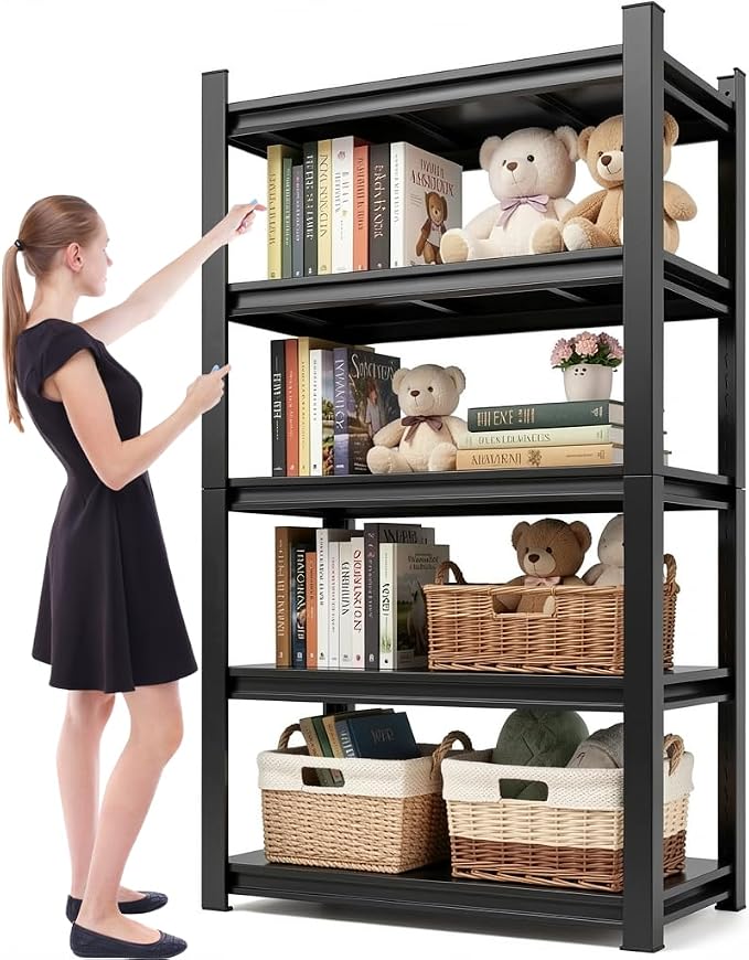 Tall Bookshelf, 5-Tier Metal Bookcase with Adjustable Shelves, Sturdy Industrial Book Shelf for Bedroom, Living Room & Office, 72" High
