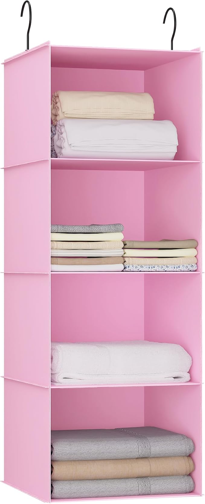 Hanging Closet Organizer 4-Shelf, Oxford Fabric Wardrobe Storage, Pink | Easy-mount foldable design holds clothes, handbags, shoes & accessories; washable Oxford fabric, sturdy and space-saving.