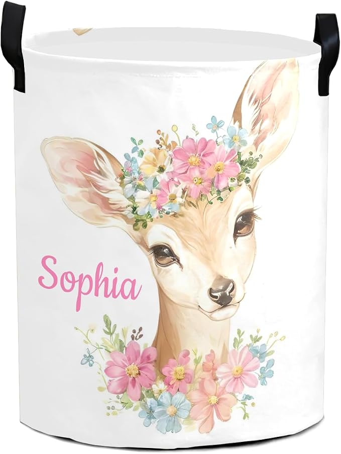 Deer Pink Florals Laundry Basket Hamper Large Storage Bin with Handles for Gift Baskets, Bedroom, Clothes