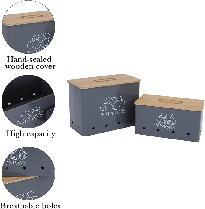 Potato Onion Storage Box, Food Container Sets, Storage Canisters for Vegeatables, Set of 2 Jars Pots Containers, Potato & Onion Bin with Aerating Tin Storage Holes & Bamboo Lid-Gray