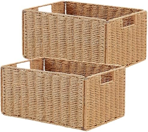 Vagusicc Wicker Storage Basket, Set of 2 Hand-Woven Paper Rope Wicker Basket, Small Storage Baskets for Organizing Toile