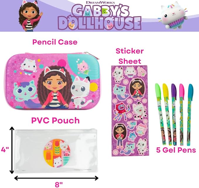 Innovative Designs Gabby’s Dollhouse Pencil Case Set with Stickers and Gel Pens for Kids, Molded with Zip Closure, Purple