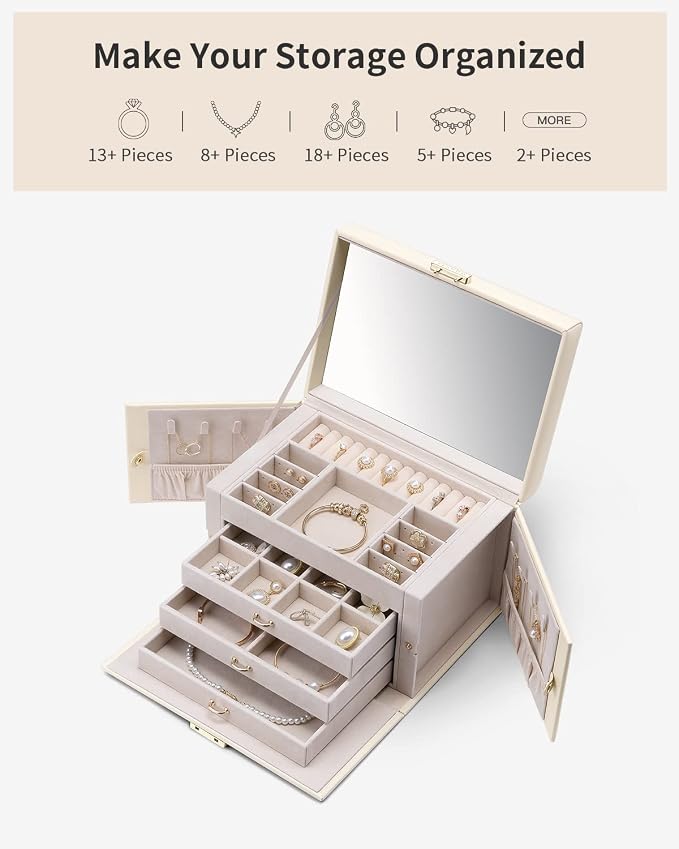 VLANDO Jewelry Box for Mothers Day Teacher Appreciation Gifts, 4-Tier Jewelry Organizer with Lock, Mirror Jewelry Box for Earring, Ring, Necklace, Jewelry Storage for Women Girls - Beige