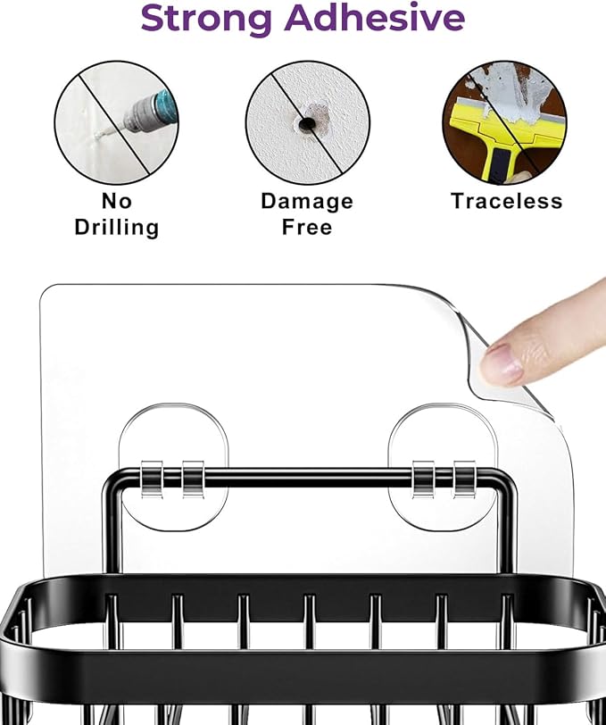 ODesign Soap Dish Holder SUS304 Stainless Steel with 6 Hooks Loofah Bath Sponge Towel Razor Holder for Bathroom Shower Kitchen Adhesive Wall Mounted No Drilling -Black-2 Pack