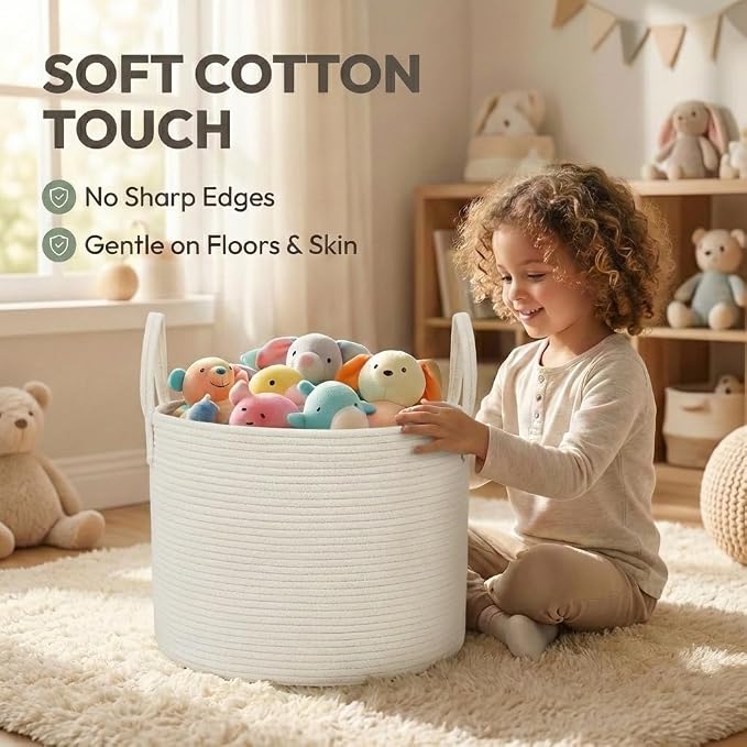 JMvicyroam 65L Extra Large Blanket Basket for Living Room - Woven Cotton Rope Laundry Hamper with Reinforced Handles - Storage Bin for Pillows, Comforters & Toys - Machine Washable,White