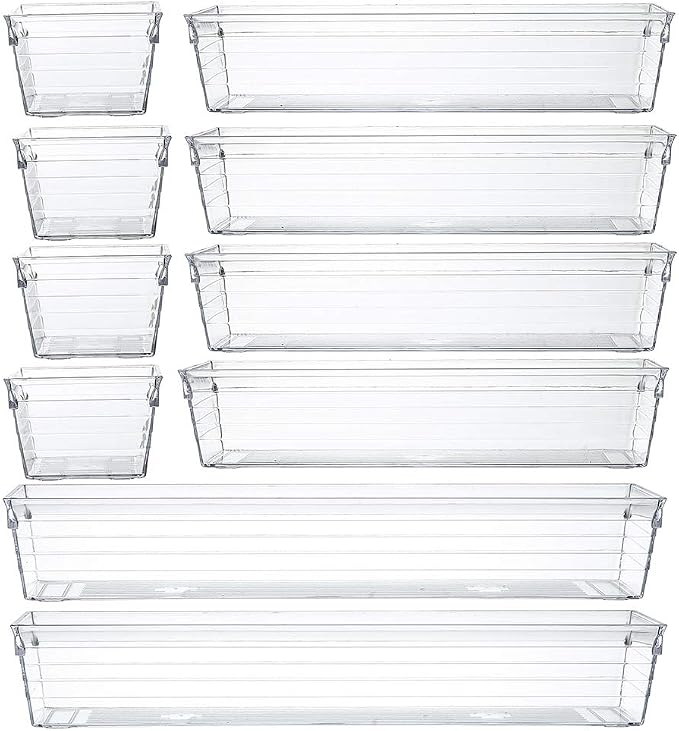 Clear Plastic Drawer Organizer Tray for Vanity Cabinet (Set of 10),Storage Tray for Makeup, Kitchen Utensils, Jewelries, and Gadgets