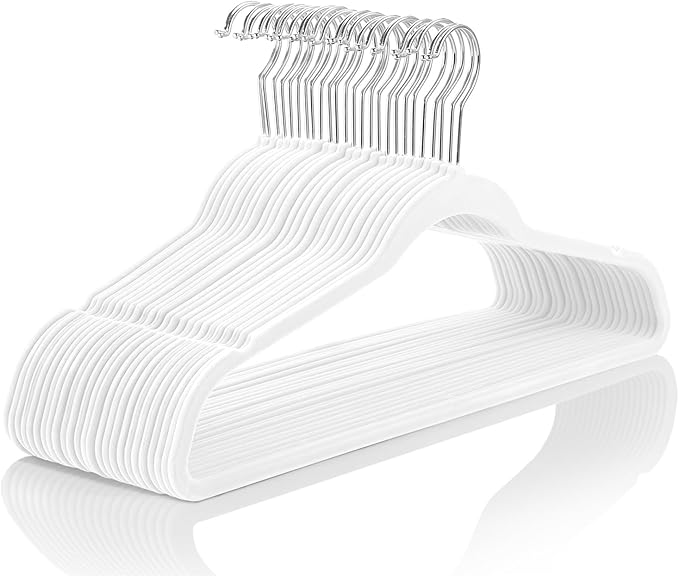 MIZGI Premium Velvet Hangers (60 Pack) Heavy Duty - Non Slip Felt Suit White Chrome Hooks,Space Saving Clothes White/Silver