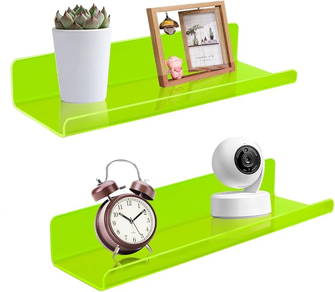 ROYALITA 2-Pack Small Acrylic Shelves Wall Mounted, 12 in Display Shelves | for Small Items, Plants, Room Decor Floating Wall Shelves for Gaming Room, Bedroom, Living Room, Office, Green