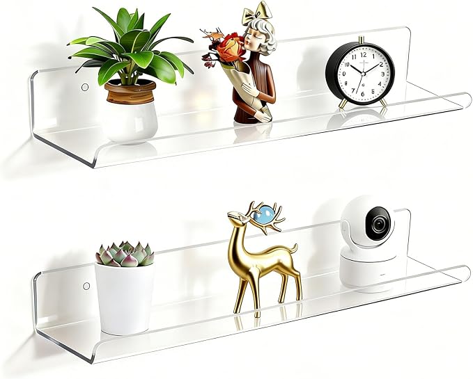 ROYALITA 2-Pack Acrylic Shelves Wall Mounted, 17 Inch Display Shelves | for Small Items Plants Organize Wall Shelves for Gaming Room, Bedroom, Living Room, Office, Clear