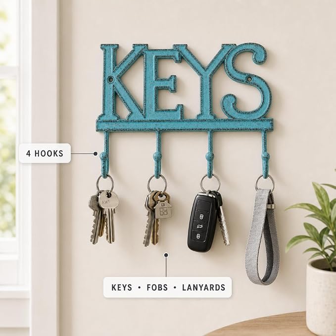Comfify Rustic Blue Cast Iron Key Holder for Wall – Keys Sign with 4 Hooks | Rustic blue antique finish; mounting hardware included; entryway, hallway or door; 6"H x 8"L; holds 8 keychains