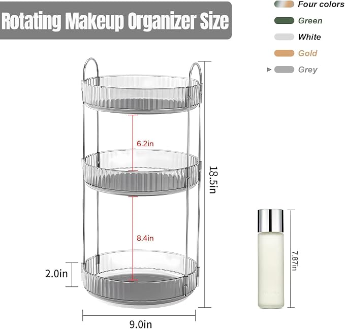 360 Rotating Makeup Organizer for Vanity, Bathroom Countertop Spinning Perfume Organizer, High-Capacity Cosmetic and Skincare Dresser Make Up Holder Rack (3 Tiers, Grey)