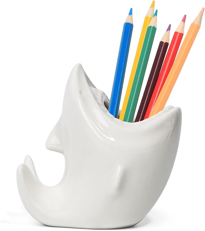 ComSaf Cute Shark Shaped Pen Pencil Holder, White Ceramic Succulent Planter Pots for Home Office Decoration Desk Organization, Set of 1