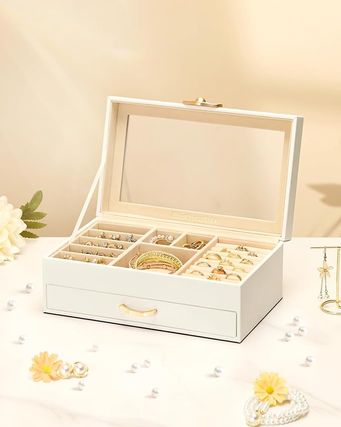 Enthralite Jewelry Box with 1 Drawers : Jewelry Display Organizer for Earrings Necklaces - Gift for Girls Women | White