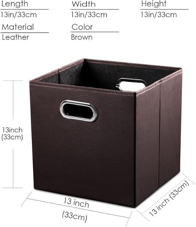 PRANDOM Leather Foldable Cube Storage Bins 13x13 inch [4-Pack] Fabric Storage Baskets Cubes Drawer with Cotton Handles Organizer for Shelves Nursery Closet Bedroom Clothes Brown