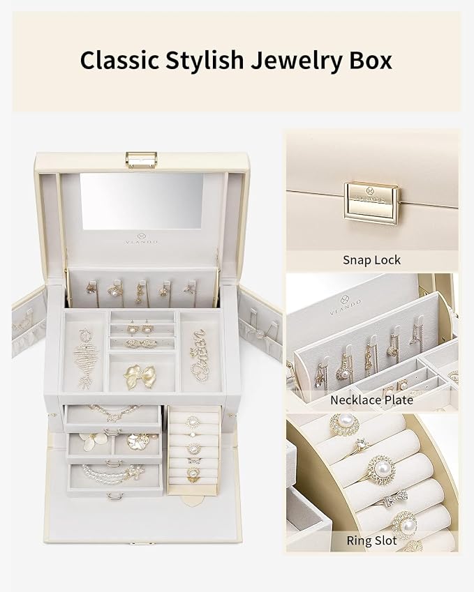 Vlando Jewelry Box Organizer for Girls Women, Large Baroque Jewelry Storage Box with Mirror, Drawers for Bracelets, Earrings, Rings, Necklaces, Mothers Day Gifts for Loved One, Apricot White