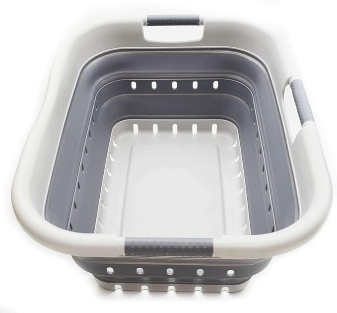 SAMMART 41L Collapsible 3 Handled Plastic Laundry Basket - Foldable Pop Up Storage Container/Organizer - Portable Basket - Space Saving Hamper/Basket (3 handled rectangular, Grey/Dark Grey)