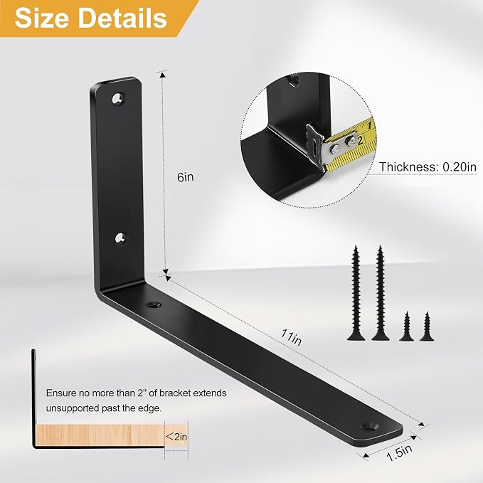 8 Pack - L 11" x H 6" x W1.5, 5mm Thick Black L Shelf Bracket, Iron Shelf Brackets, Metal Shelf Brackets, Floating Shelf, Shelf Supports with Screws
